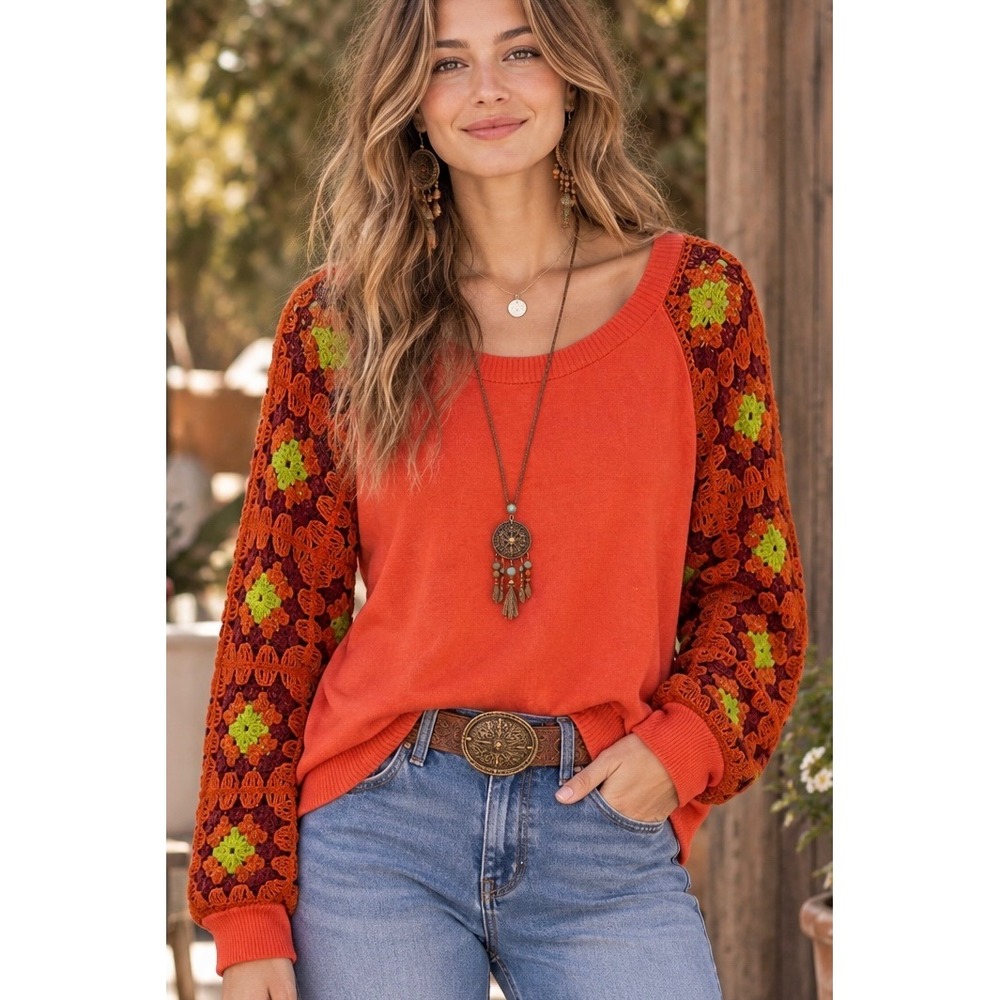 Belle Boho Orange Crochet Sleeve Sweater Large Granny Square Knit Pullover